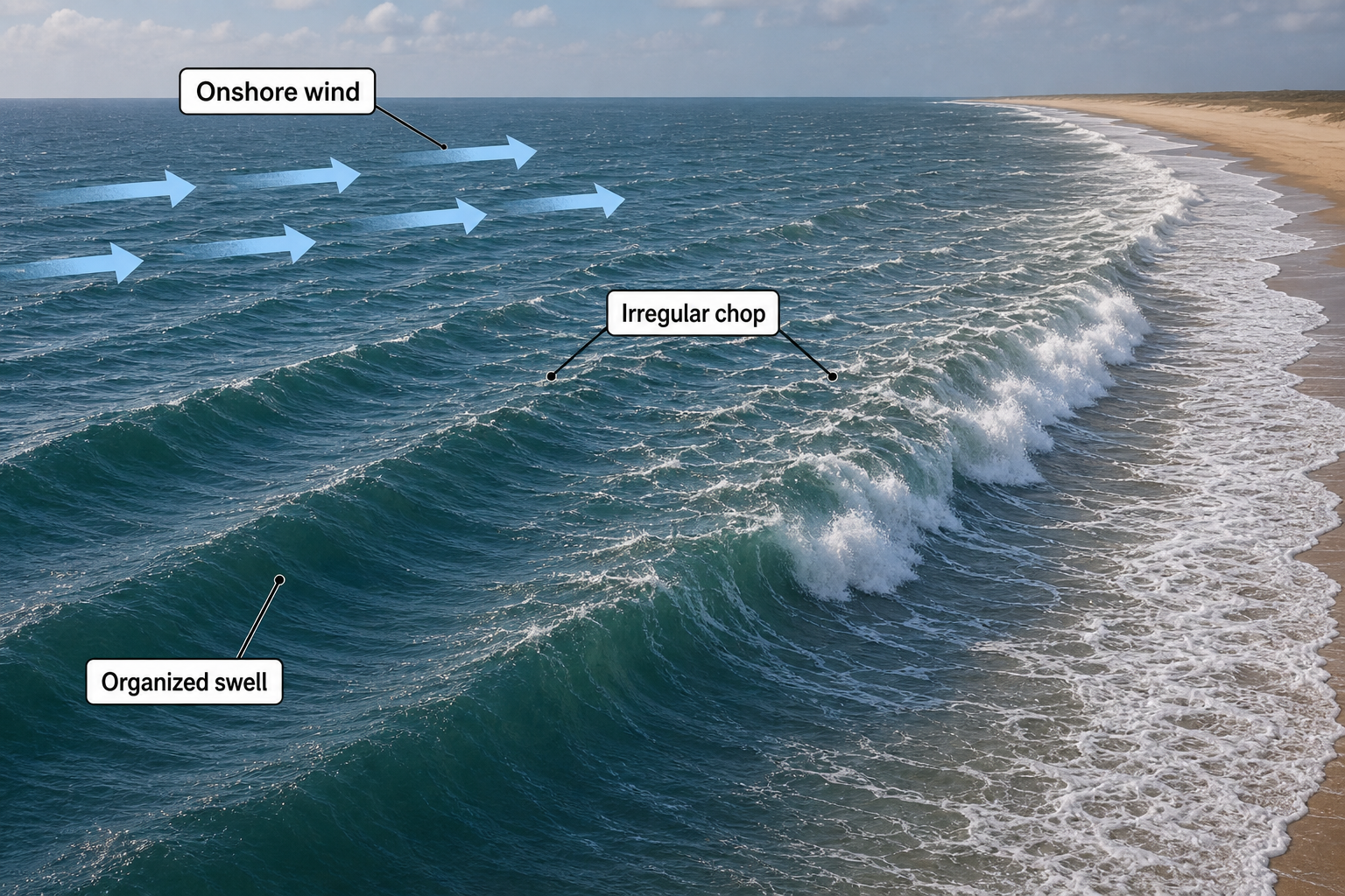 Diagram showing shoreward onshore-wind arrows creating irregular chop over an organized swell approaching a sandy beach.