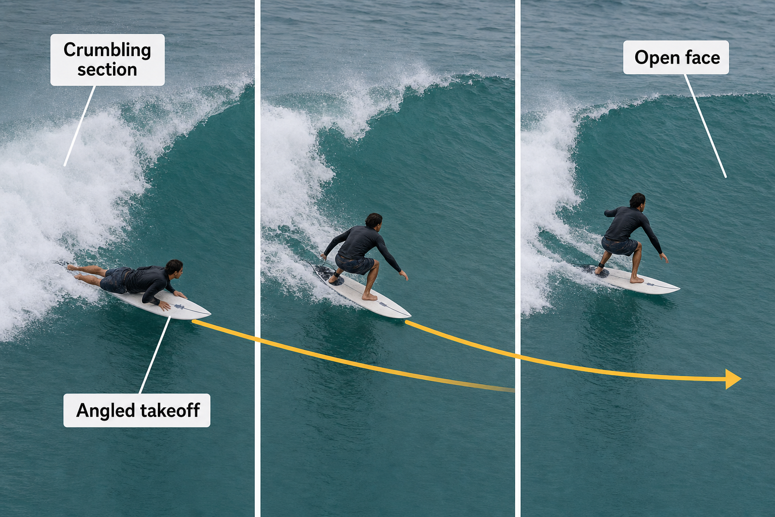 Three-panel sequence of a surfer angling right from a prone takeoff, rising to their feet, and reaching the open face ahead of crumbling foam; two separate yellow path curves cross the panels.