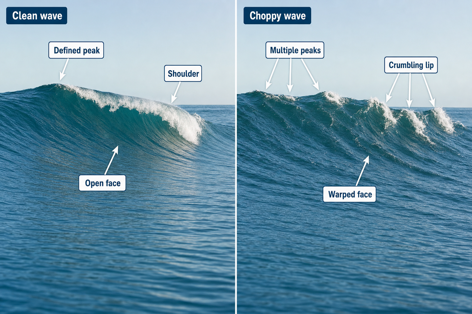 Matched panels compare a clean wave with a defined peak, open face, and shoulder against a choppy wave with multiple peaks, a warped face, and a crumbling lip.
