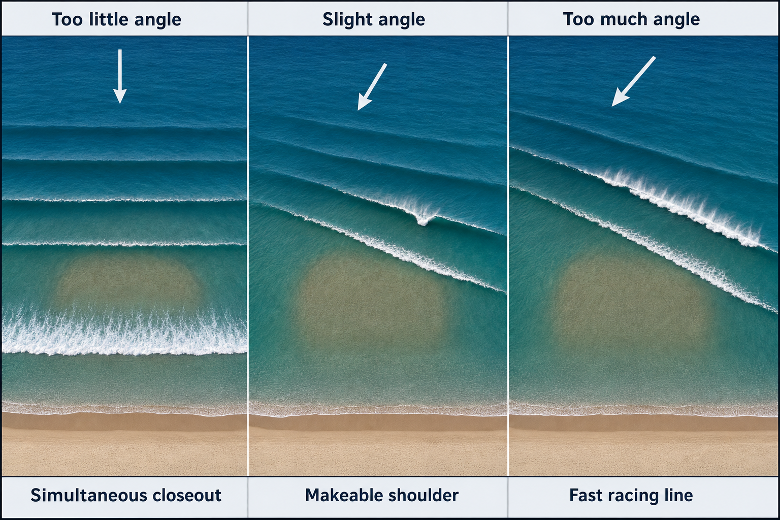 Three matched beachbreak panels compare a direct swell closing out, a slight-angle swell forming a makeable shoulder, and an oblique swell producing a fast racing line.