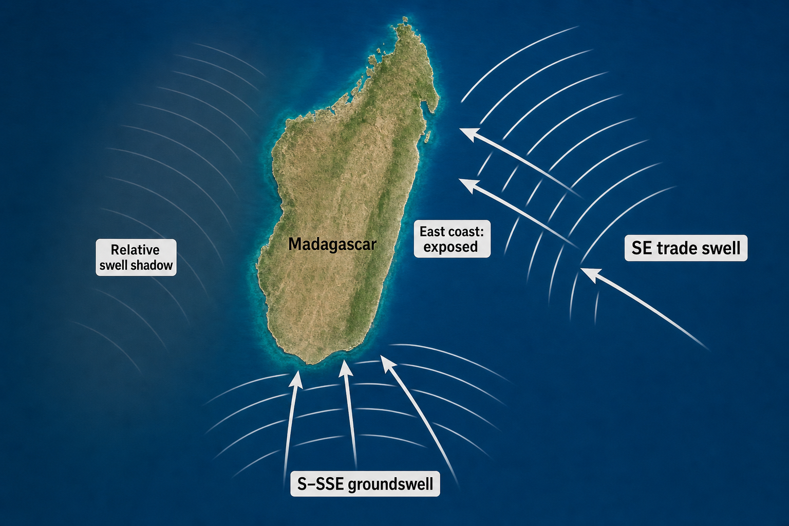 North-up map of Madagascar showing SE trade swell approaching the exposed east coast, S–SSE groundswell approaching the south, and a relative swell shadow to the west.