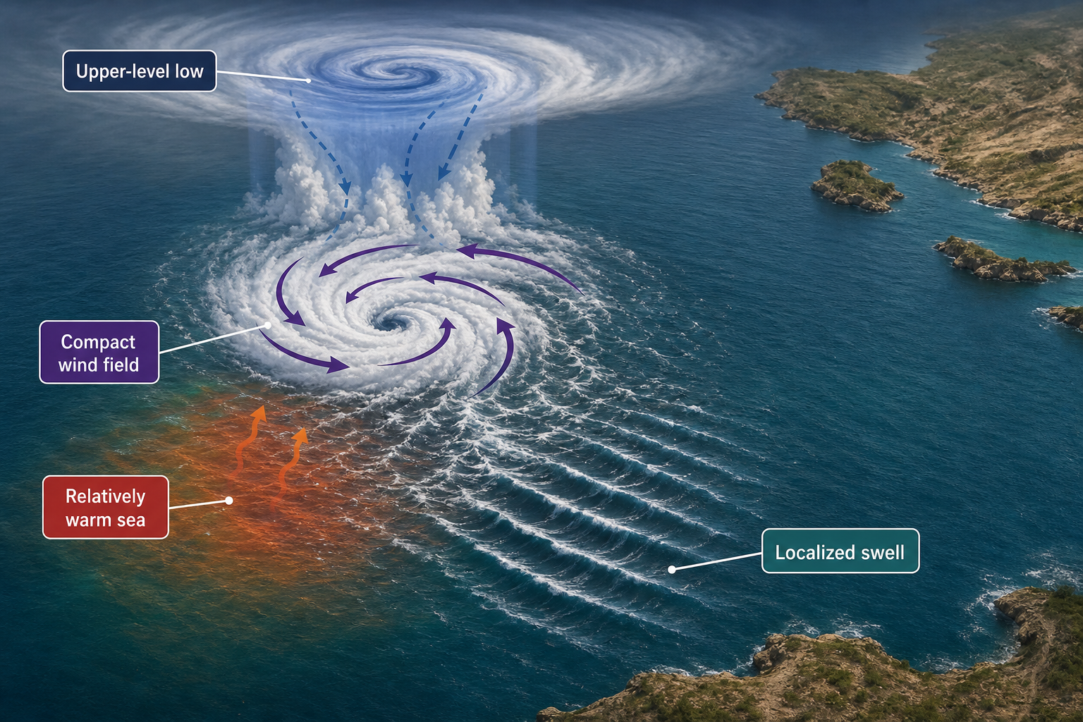 Diagram of a compact Mediterranean cyclone with a labeled upper-level low, relatively warm sea, counterclockwise wind field, and localized swell extending into calmer surrounding water.
