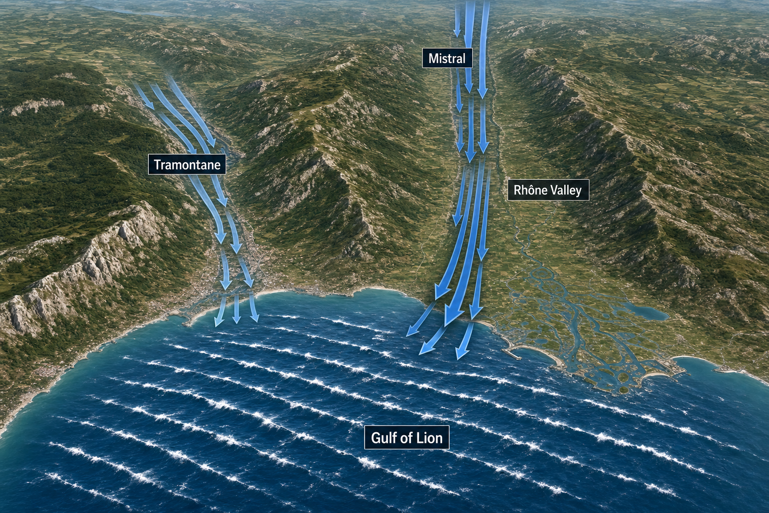 Oblique terrain diagram showing the Mistral descending the Rhône Valley and the separate western Tramontane blowing into the Gulf of Lion, where closely spaced whitecapped waves develop.