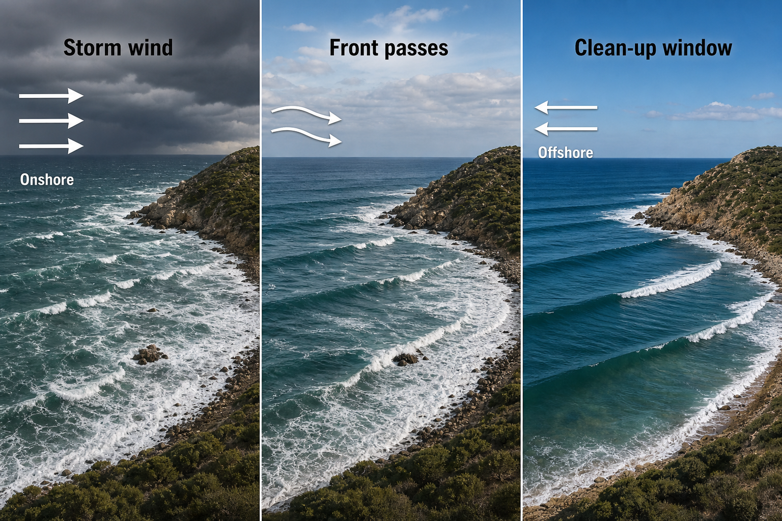 Three-panel coastal sequence showing messy onshore storm waves, weakening wind as a front passes, and clean residual swell under offshore wind at the same rocky Mediterranean headland.