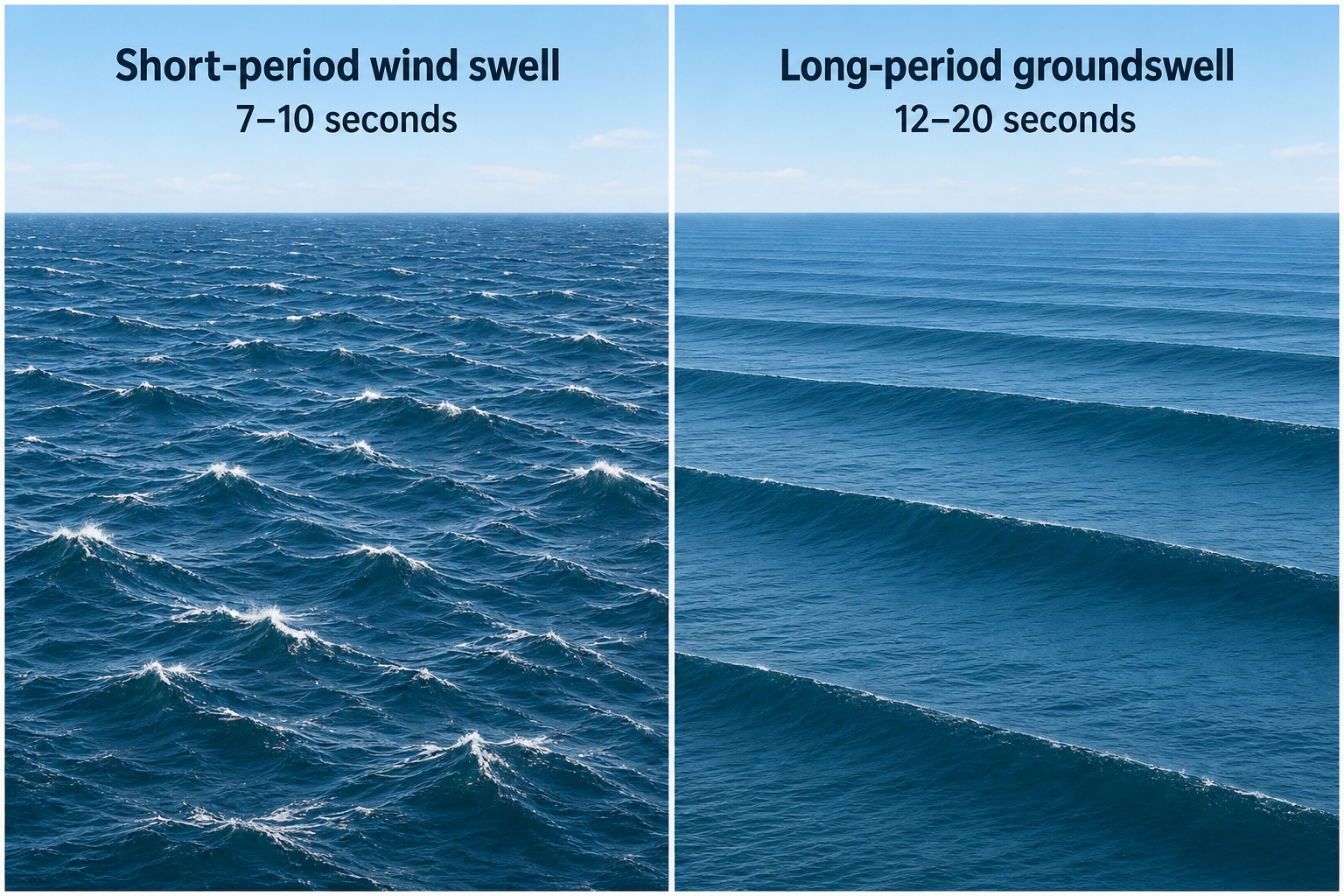 Side-by-side open-ocean comparison of irregular, closely spaced 7–10-second wind swell and orderly, widely spaced 12–20-second groundswell.