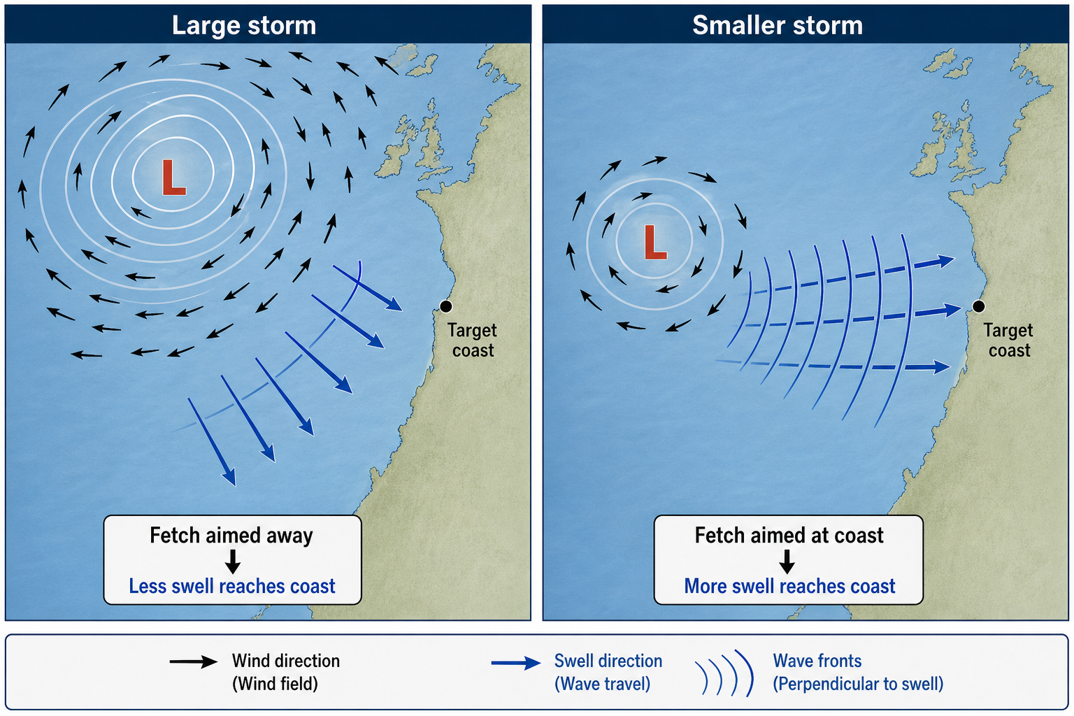 Two-panel North Atlantic map showing a large storm sending swell away from a target coast and a smaller storm sending stronger, perpendicular wave fronts directly toward it.