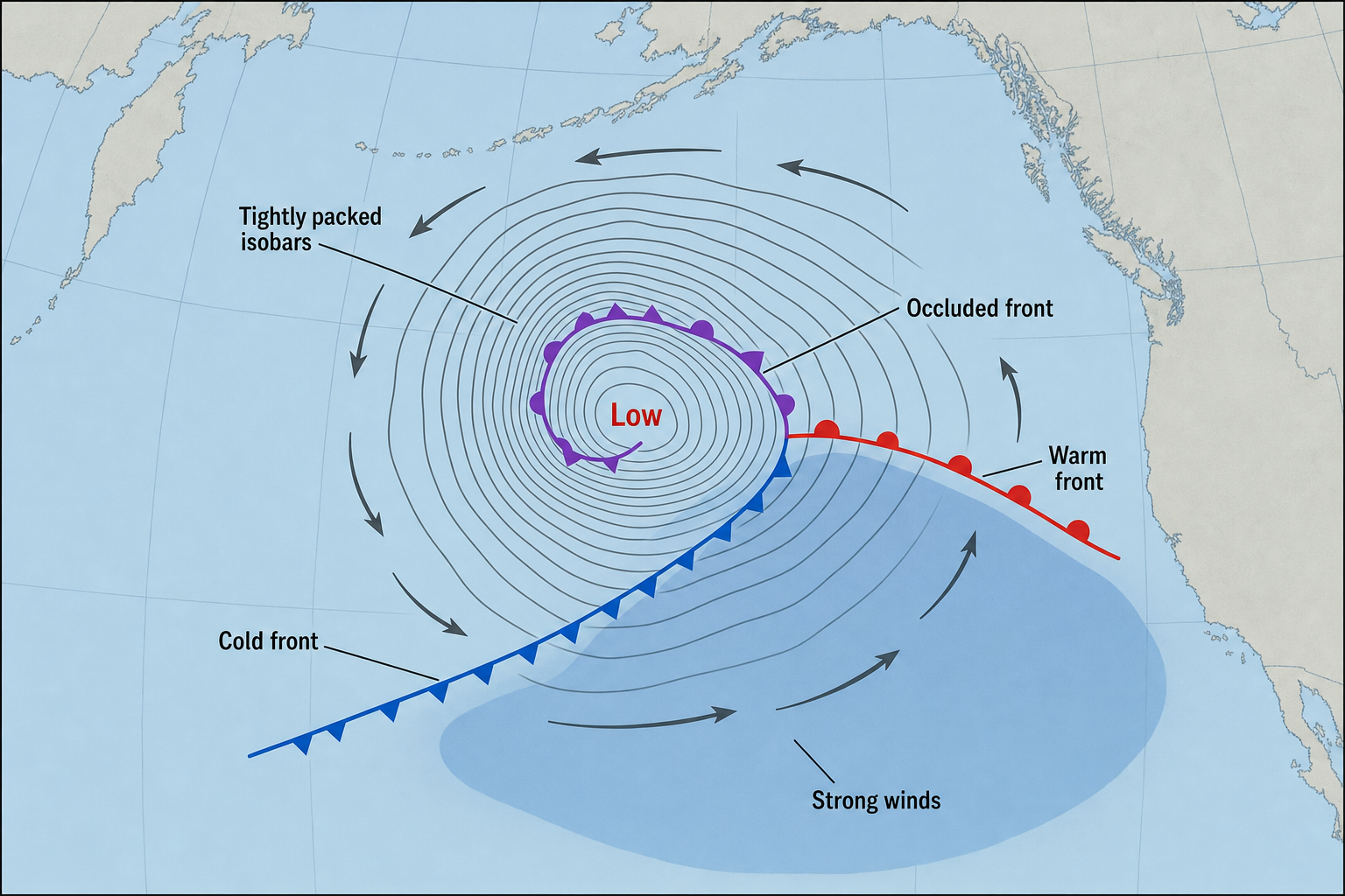 North Pacific weather-map diagram showing a mature low with tightly packed isobars, an occluded front, trailing cold front, warm front, counterclockwise winds, and a broad strong-wind area over open ocean.