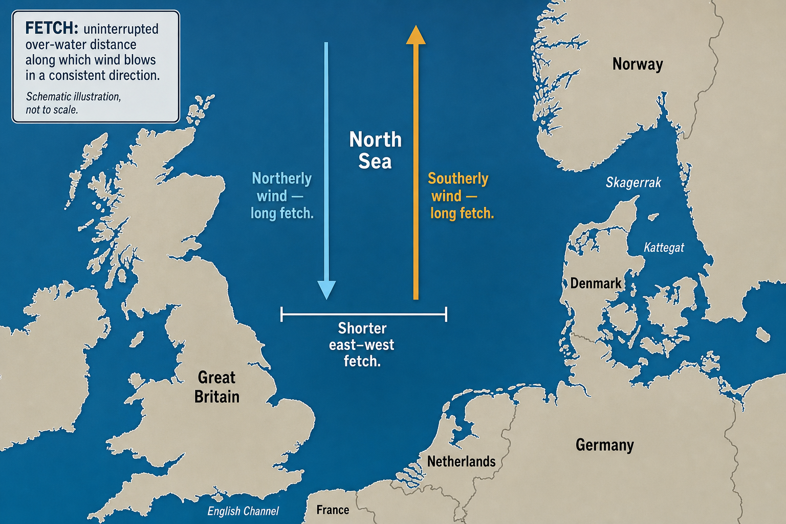 North-up map of the North Sea showing a long south-pointing northerly-wind arrow, a long north-pointing southerly-wind arrow, and a shorter east–west fetch bracket, with a definition of fetch and a not-to-scale note.