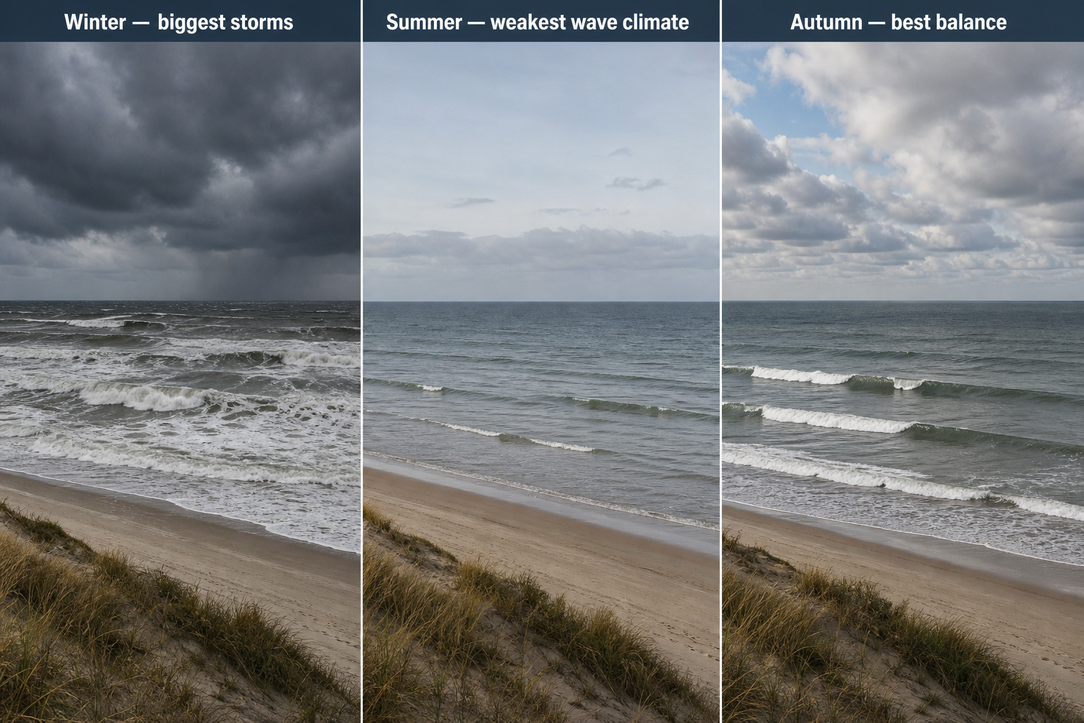 Three matched North Sea beach views show rough storm waves in winter, the smallest waves in summer, and organized moderate waves with broken clouds in autumn.