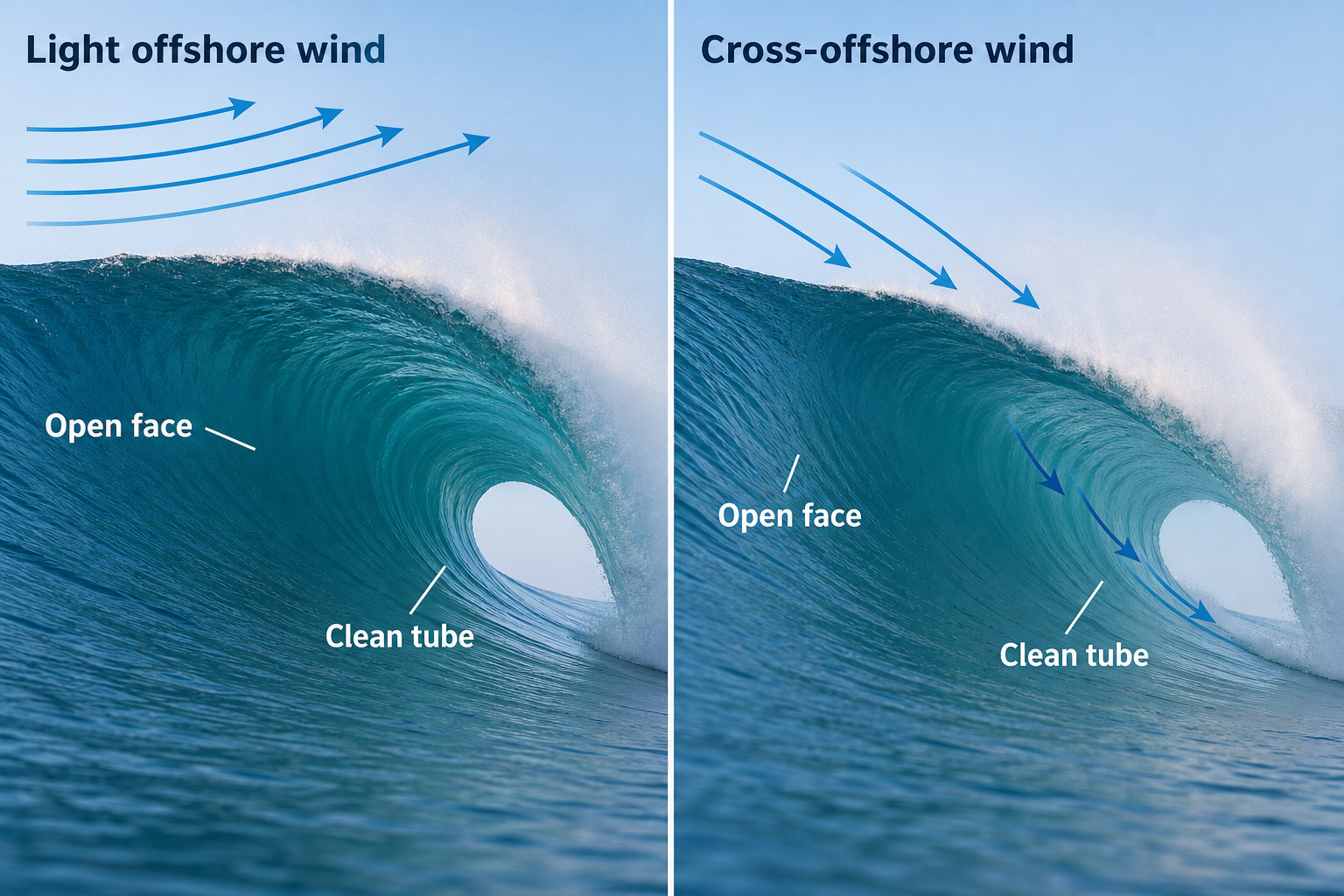 Two annotated blue-green barrels compare mostly horizontal light-offshore airflow with diagonal cross-offshore airflow entering along the tube.