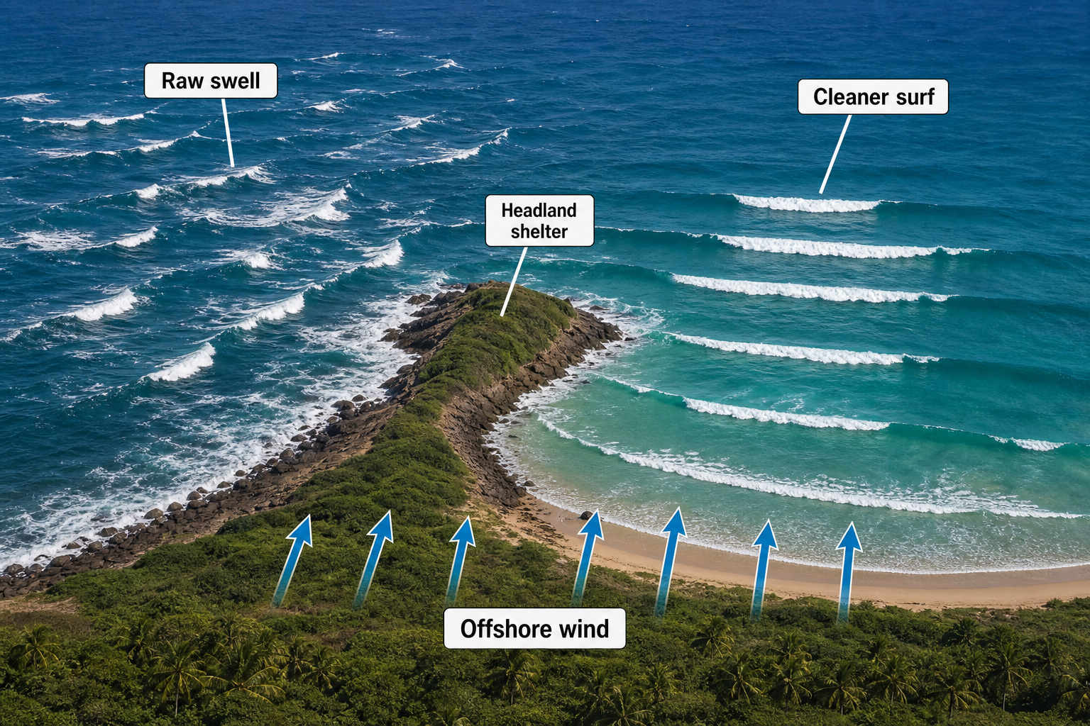 Elevated coastal diagram showing rough raw swell outside a rocky headland, cleaner parallel surf lines in the sheltered bay, and blue offshore-wind arrows pointing from the foreground land toward the sea.