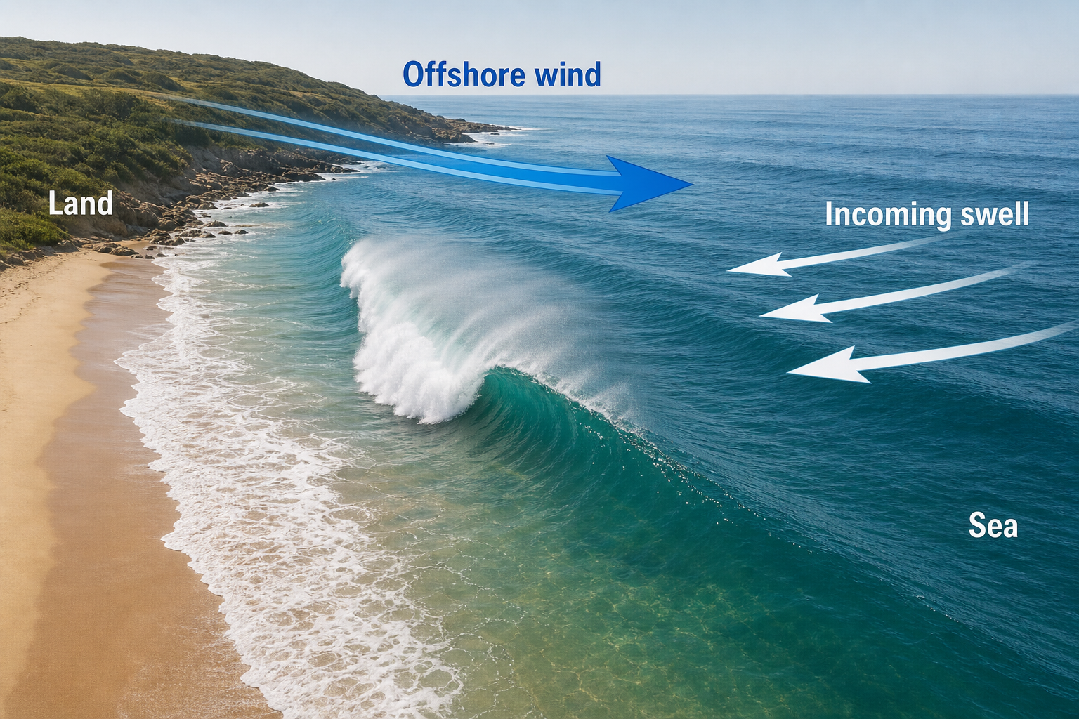 Diagram showing offshore wind blowing from land toward sea against shoreward-moving swell at a breaking wave.