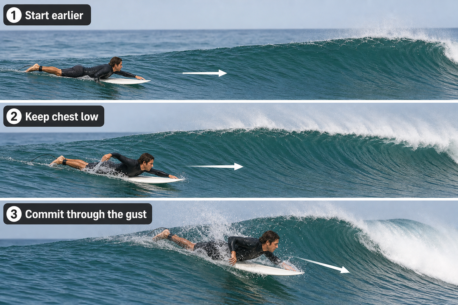 Three-stage sequence showing a surfer starting early, keeping the chest low, and paddling forcefully through an opposing gust.