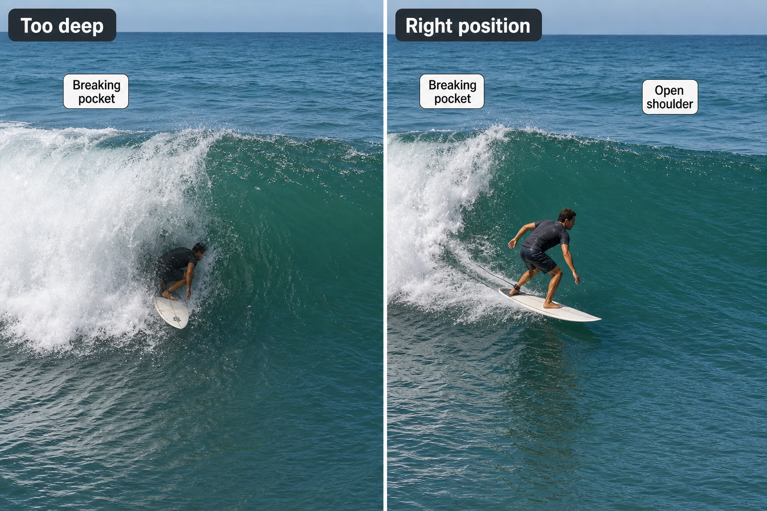 Two-panel surfing comparison: a surfer labeled “Too deep” is overtaken by whitewater, while a surfer in the “Right position” rides beside the breaking pocket toward the open shoulder on the right.