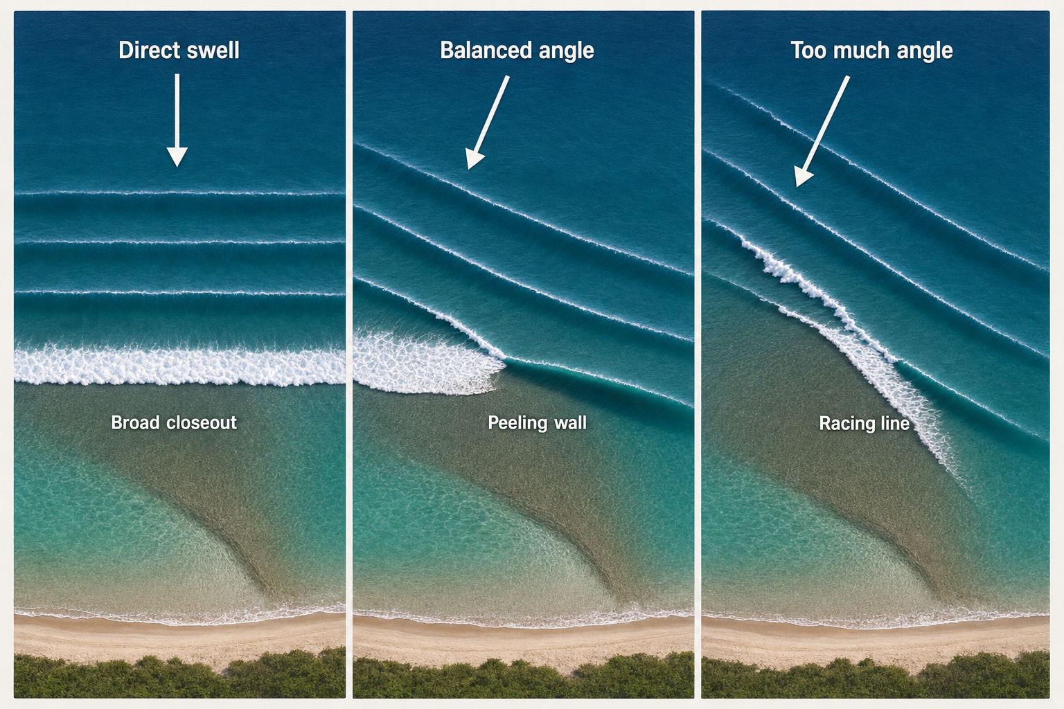 Three-panel aerial beach diagram: a vertical shoreward arrow above a broad closeout on the left, and two similarly oblique shoreward arrows above diagonal breaks labeled Balanced angle–Peeling wall and Too much angle–Racing line.
