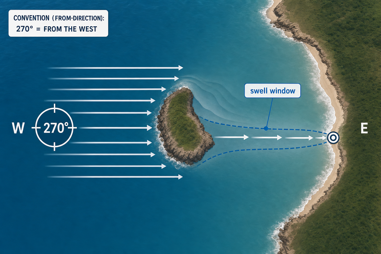 Aerial-style coastal diagram with W and 270° at left, east-pointing swell arrows, an island blocking their path, and a dashed “swell window” narrowing from the island’s lee to a bullseye on the eastern coast.
