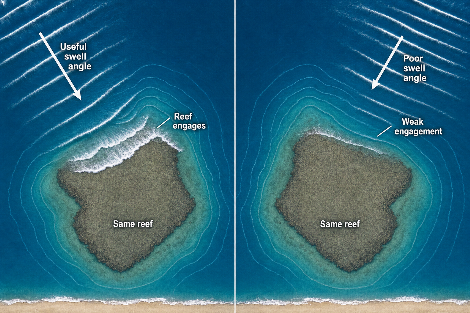 Split overhead diagram showing a useful swell angle producing strong breaking over a shallow reef on the left and a poor angle producing weak engagement over a similar reef on the right.