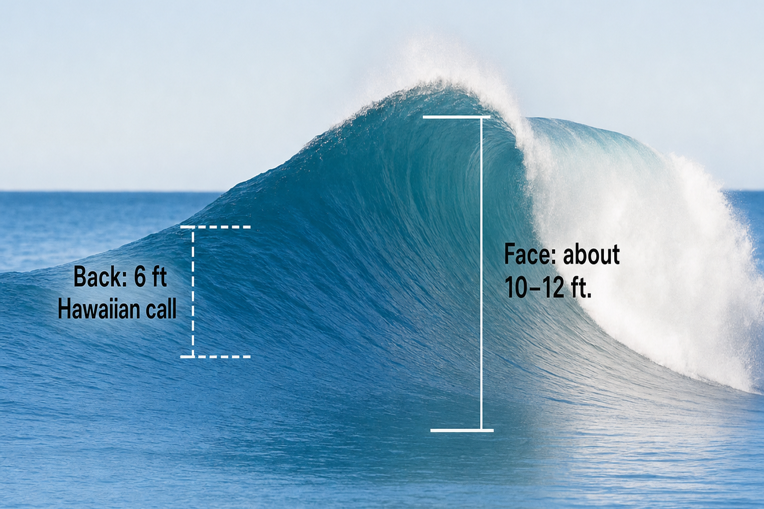 Side-view wave diagram labeled “Same wave,” with a short dashed rear bracket marked “Back: 6 ft Hawaiian call,” a taller front bracket marked “Face: about 10–12 ft.,” and the warning “Example only—not a fixed conversion.”