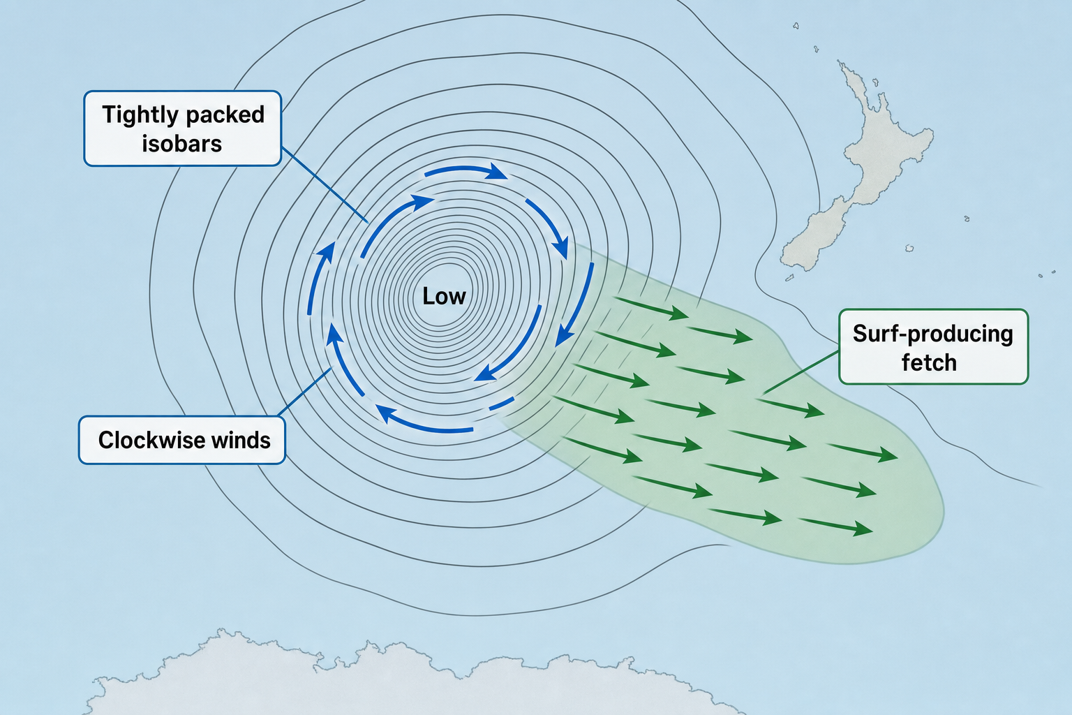 Annotated South Pacific weather map with a central low and tightly packed isobars, blue clockwise wind arrows, and a green surf-producing fetch extending toward New Zealand.