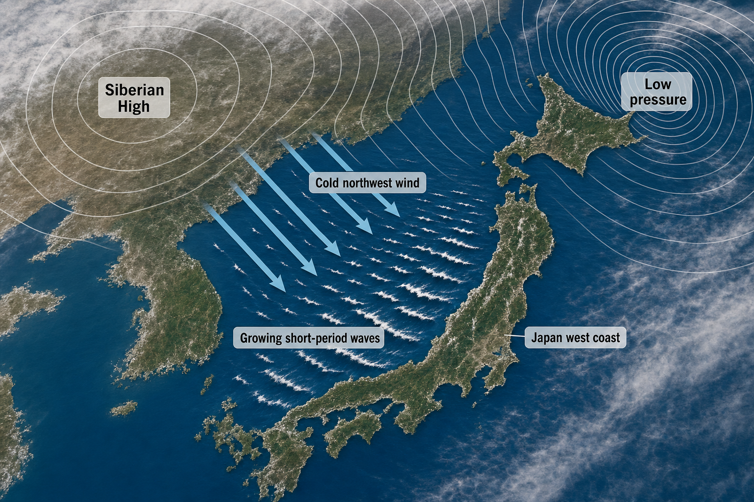 Regional diagram showing a Siberian High over Asia and low pressure near northern Japan driving cold northwest wind and growing waves across the Sea of Japan toward Japan's west coast.