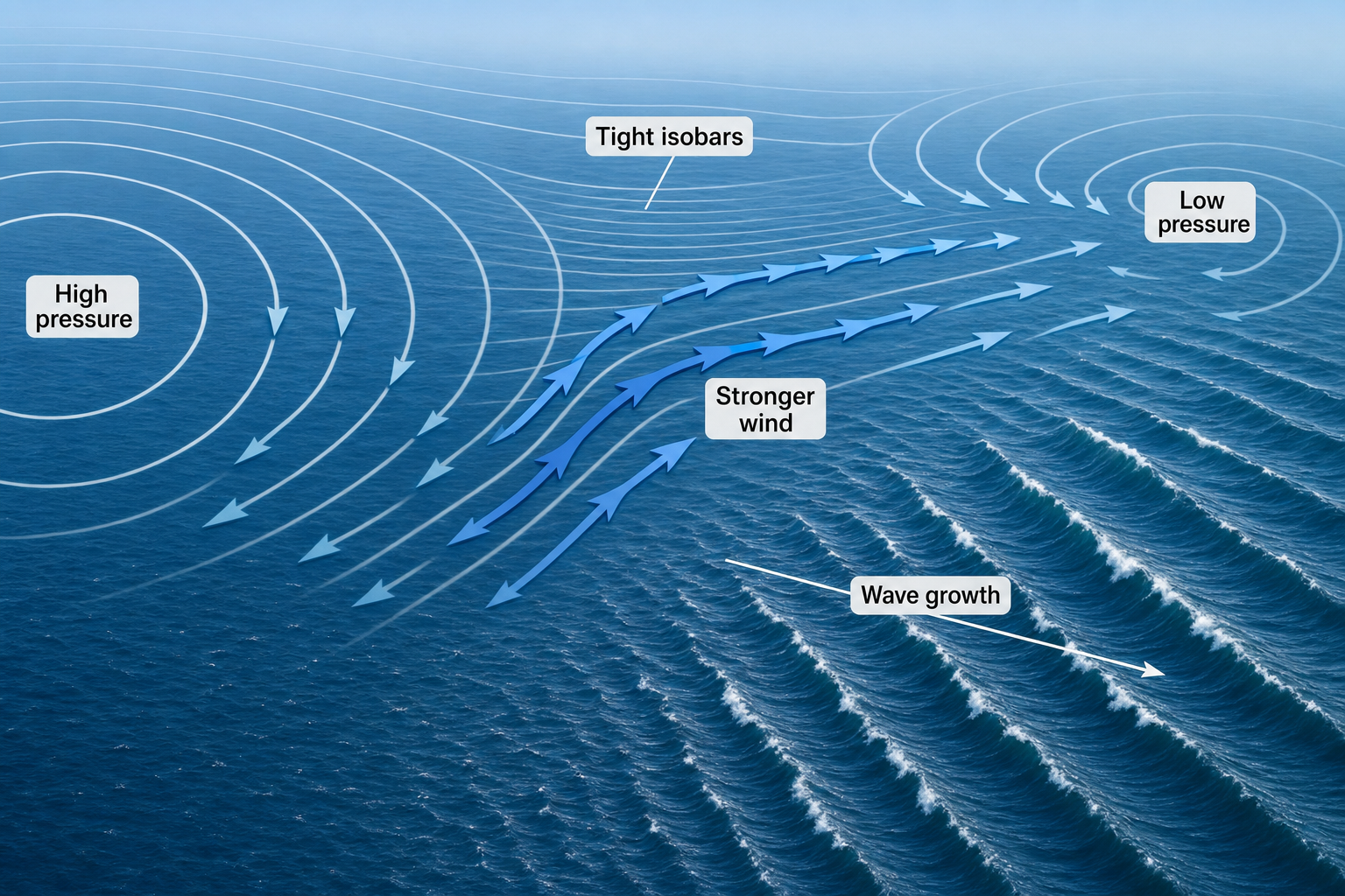 Open-water diagram with high pressure at left, low pressure at upper right, labeled tight isobars and stronger wind, and large white-capped waves labeled wave growth at lower right.