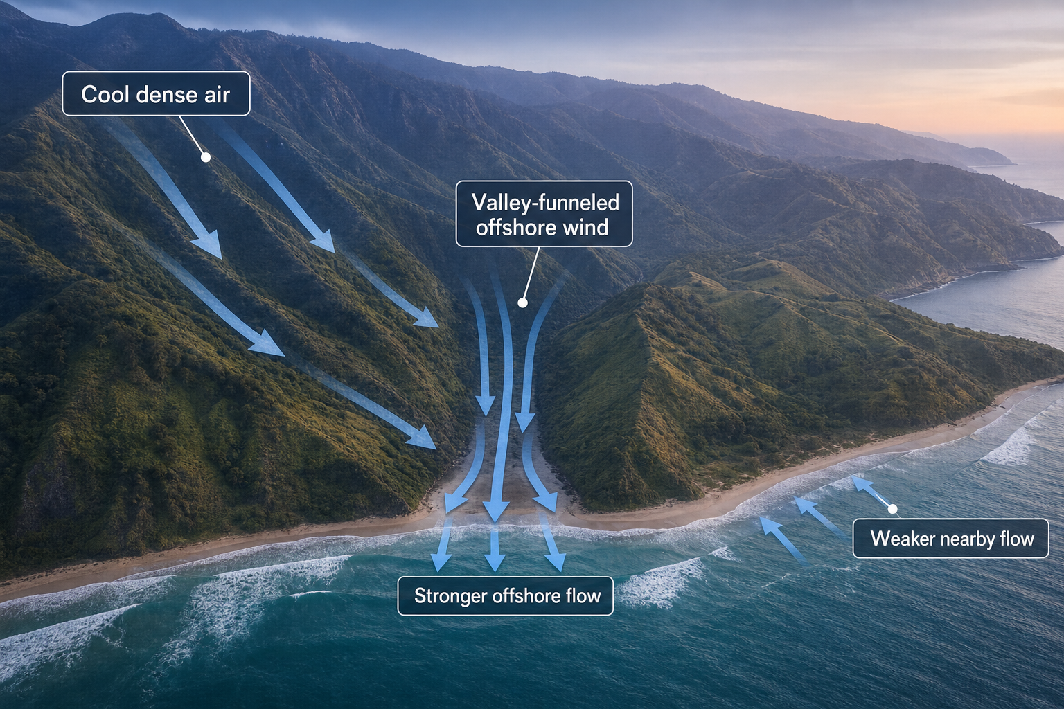 Coastal diagram showing cool air descending through a mountain valley and flowing offshore, while incorrectly reversed nearby arrows point toward land.