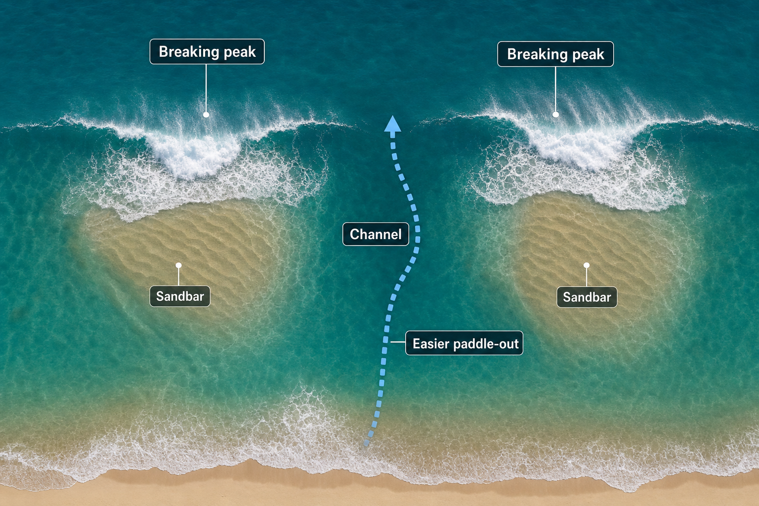 Top-down beach diagram showing waves breaking over two submerged sandbars and a dotted paddle-out route through the darker central channel.