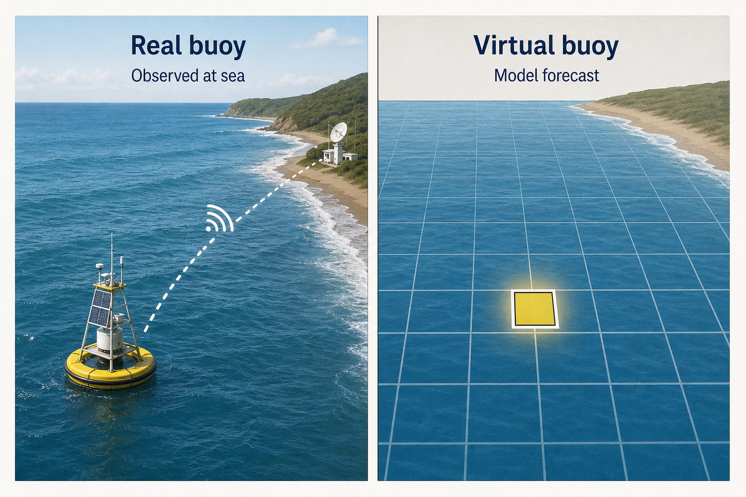 Two-panel comparison showing a physical offshore buoy transmitting an observation to shore and a buoy-free ocean-model grid point providing a forecast.