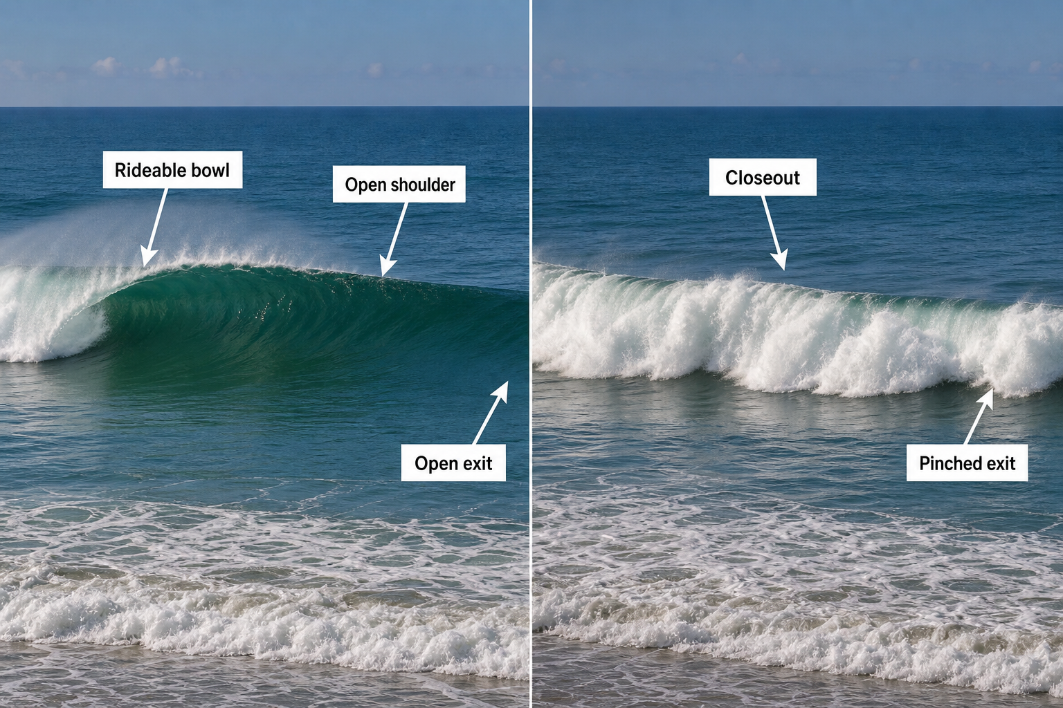 Two-panel beach view comparing a rideable bowl with an angled breaking section, open shoulder, and open exit against a broad closeout with a pinched exit.