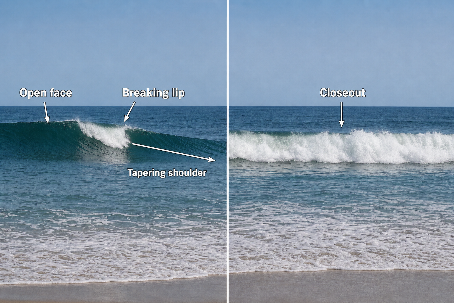 Beach-view comparison of a rideable wave with an open face, localized breaking lip, and tapering shoulder beside a closeout breaking across nearly its entire width.