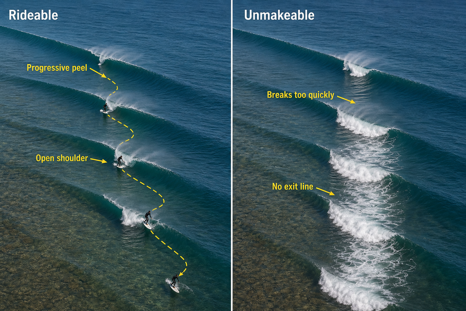 Split aerial diagram comparing a rideable progressive peel and open shoulder with an unmakeable wave that closes too quickly.