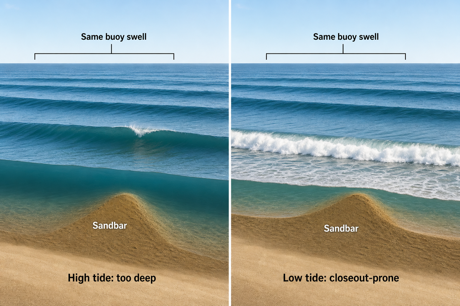 Two beach cutaways show the same offshore swell staying mostly unbroken over a deep high-tide sandbar and closing out broadly over the shallow bar at low tide.