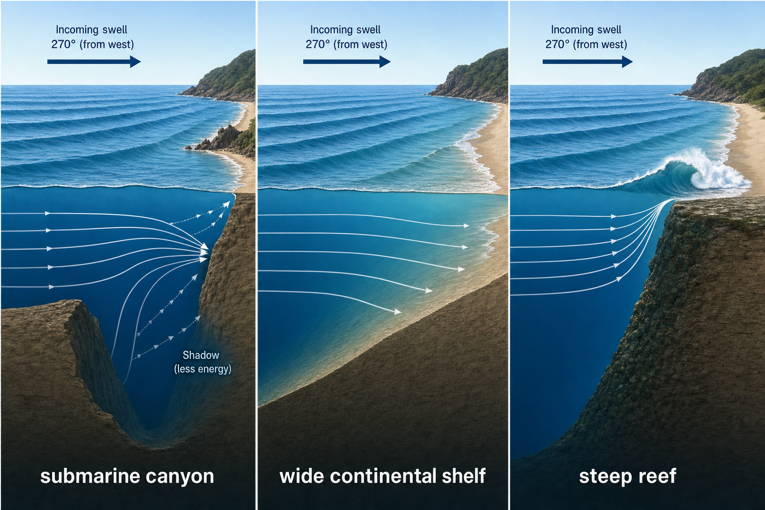 Three cutaway panels show wave rays focusing beside a submarine canyon, spreading over a wide continental shelf, and rising sharply into a breaking wave over a steep reef.