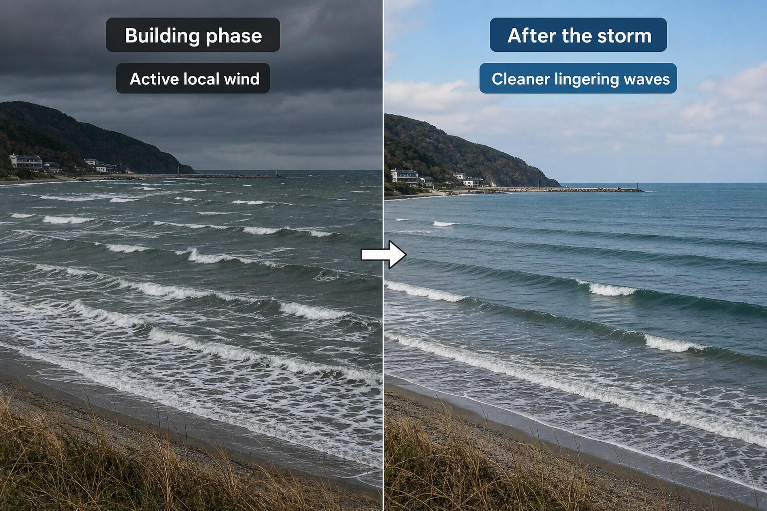 Split coastal comparison with dark storm clouds and chaotic whitecaps during the building phase on the left, and clearing weather with cleaner, orderly waves after the storm on the right.