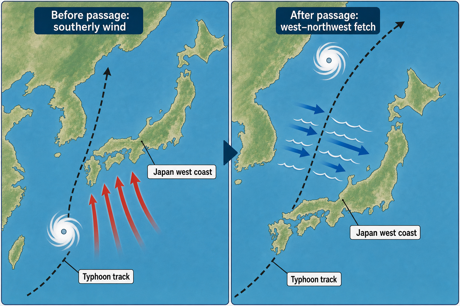 Two-panel map showing a typhoon tracking west of Japan, with northward southerly-wind arrows before passage and west-to-northwest fetch arrows crossing the Sea of Japan toward Japan afterward.