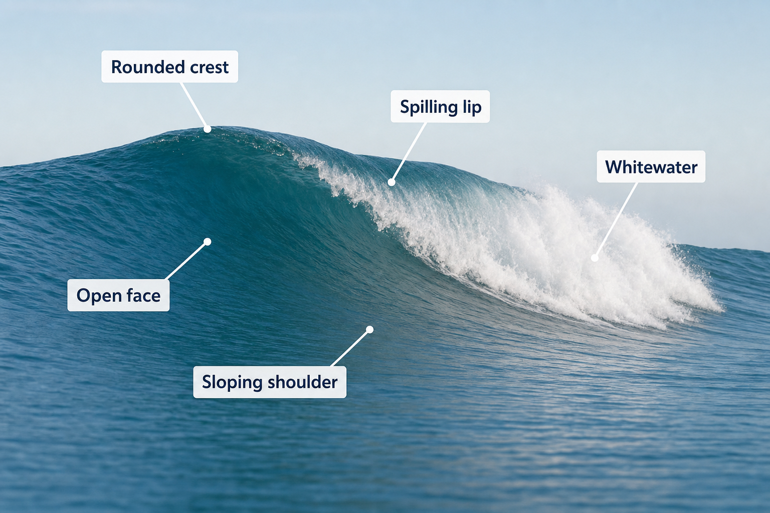 A rounded wave spills gently on the right while five callouts label its crest, lip, open face, shoulder, and whitewater.
