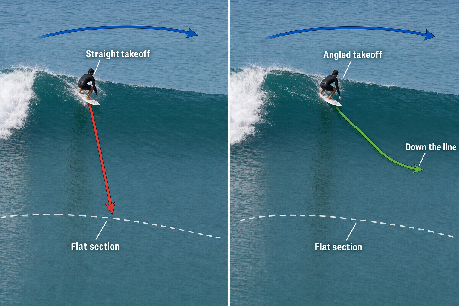 Two panels compare a red straight takeoff path into the lower flat section with a green angled path across the open wave face.