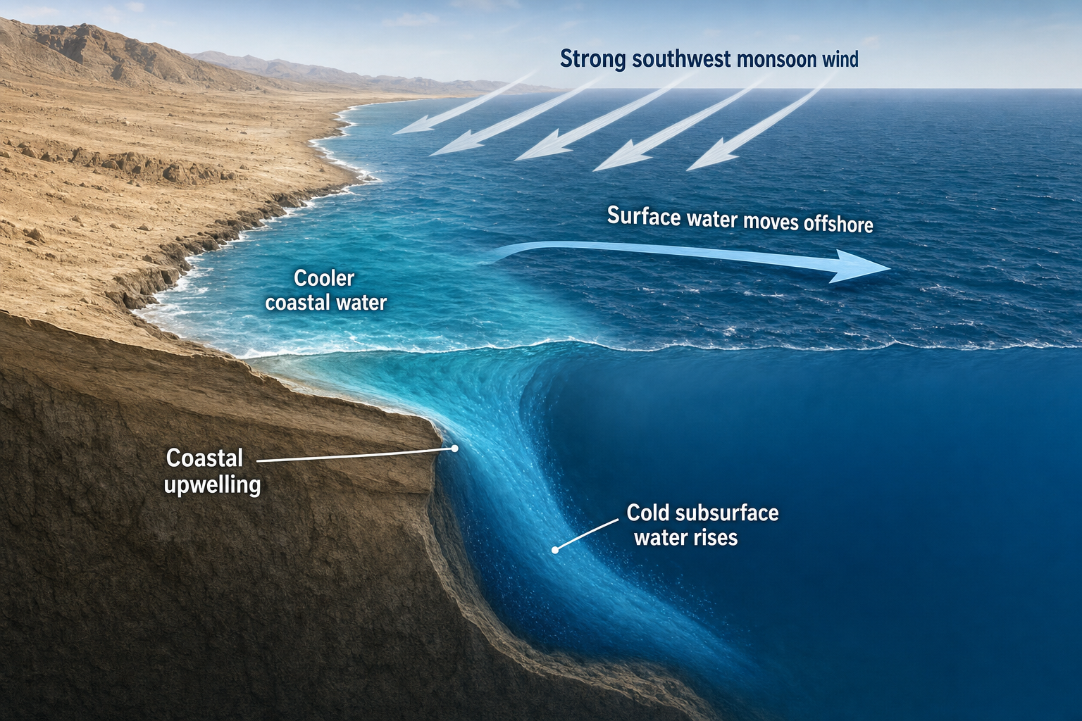 Coastal cutaway showing southwest monsoon wind over an arid coast, surface water moving offshore, and cold subsurface water rising into a cooler turquoise coastal zone.