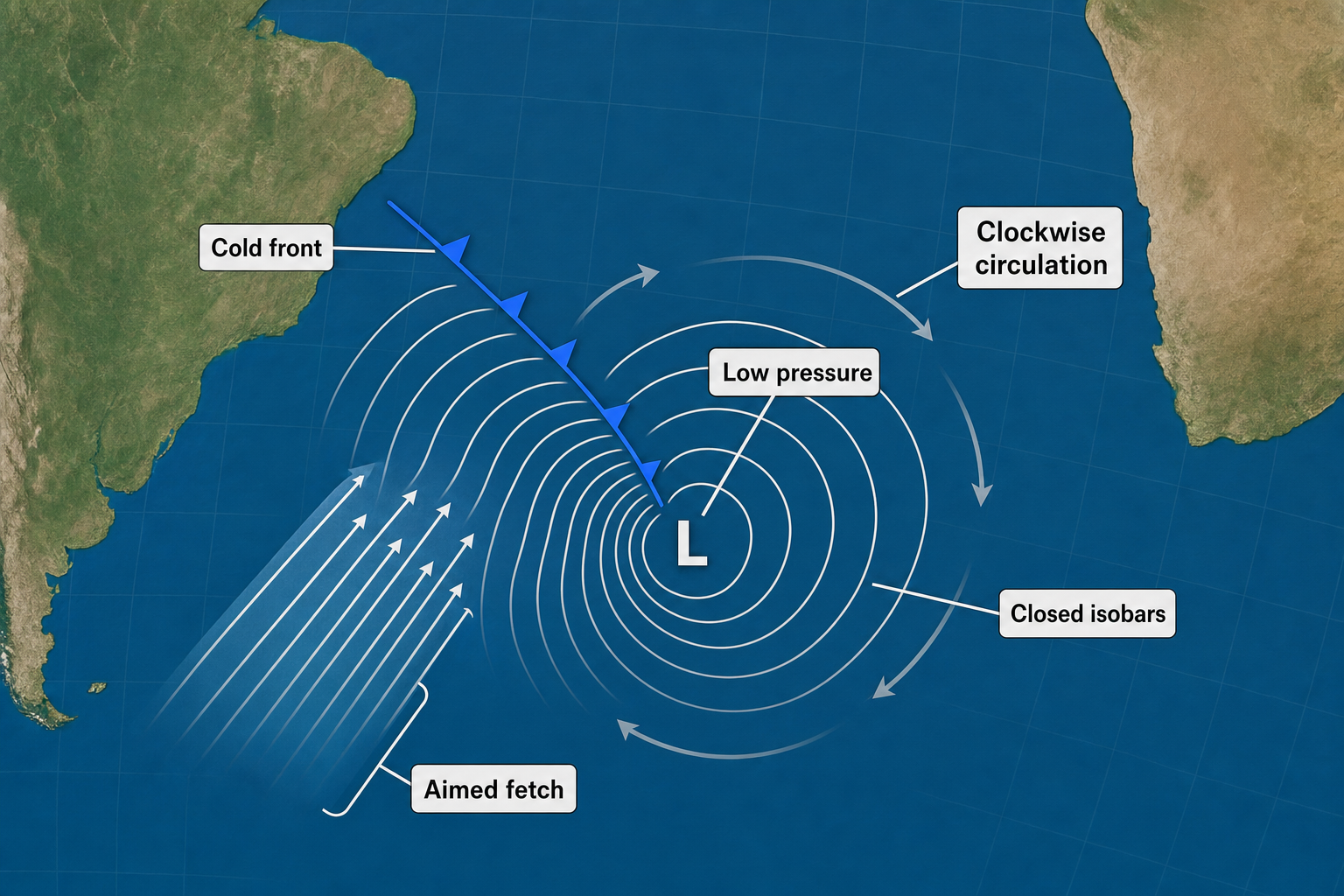 North-up South Atlantic weather map showing a low over open ocean enclosed by closed isobars, gray arrows indicating clockwise circulation, a blue cold front trailing northwest, and parallel aimed-fetch arrows on the tightly packed southwestern flank.