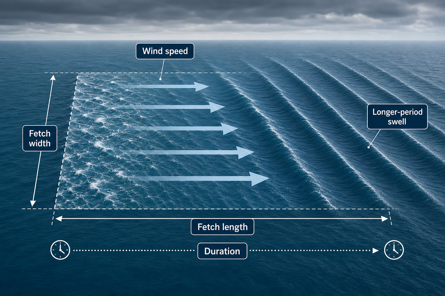 Diagram showing aligned wind crossing the length and width of a broad ocean fetch as rough seas develop into organized longer-period swell.