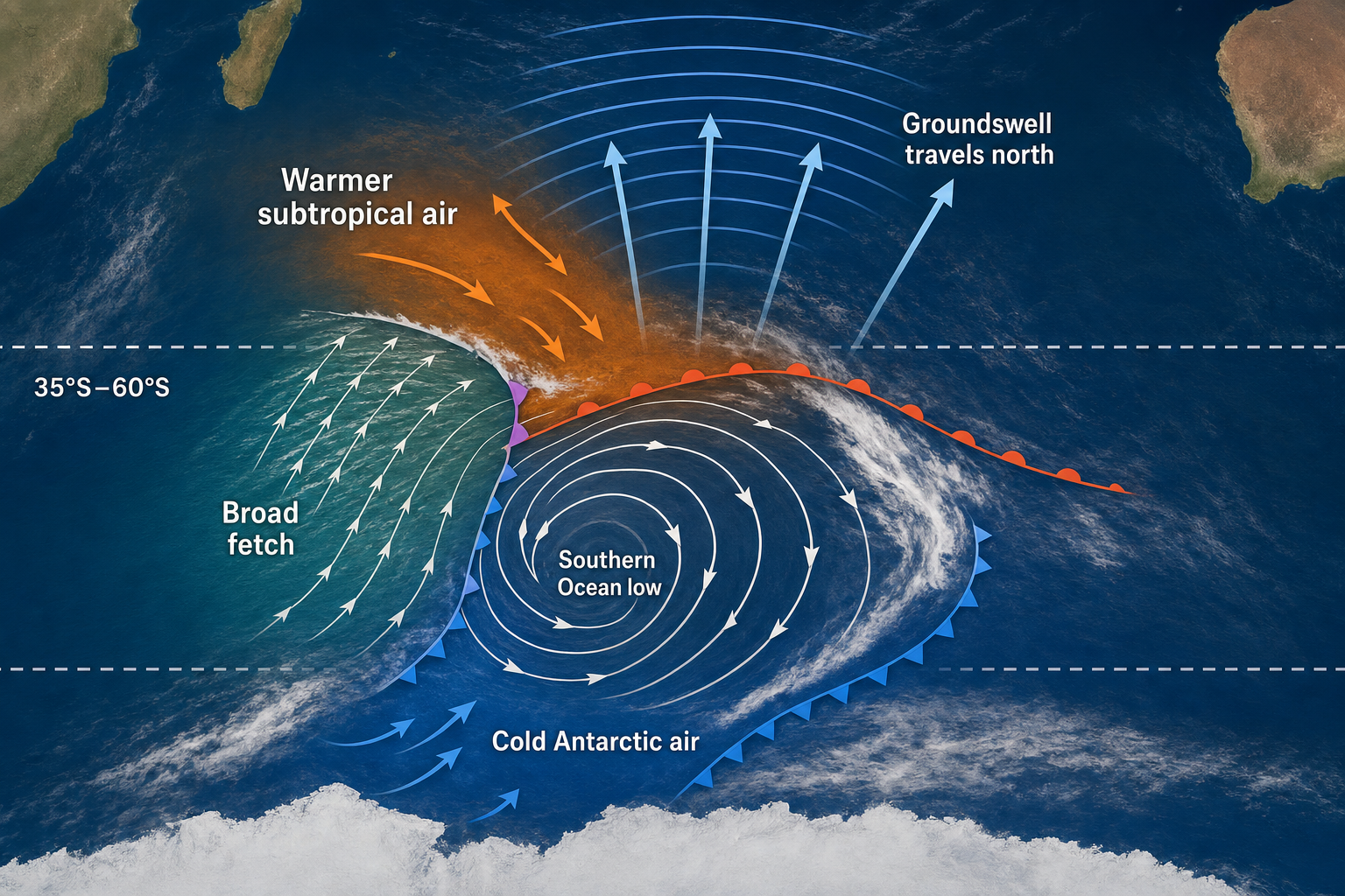 North-up diagram of warm subtropical and cold Antarctic air converging around a Southern Ocean low, with a broad open-water fetch sending groundswell north across the Indian Ocean.