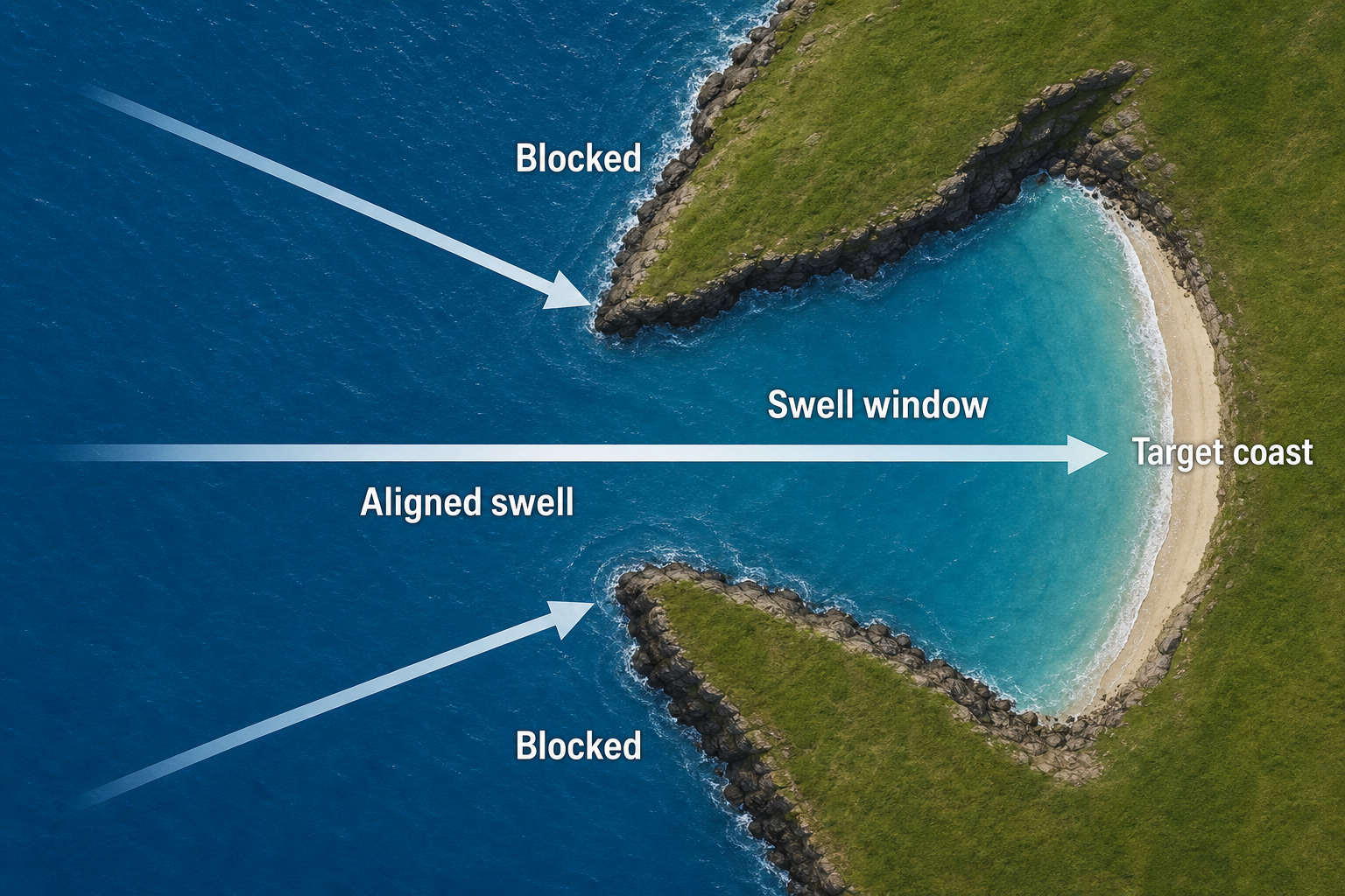 Top-down conceptual coastal diagram with a central aligned swell arrow pointing through an open swell window toward a recessed beach, while two off-angle arrows stop at rocky headlands.