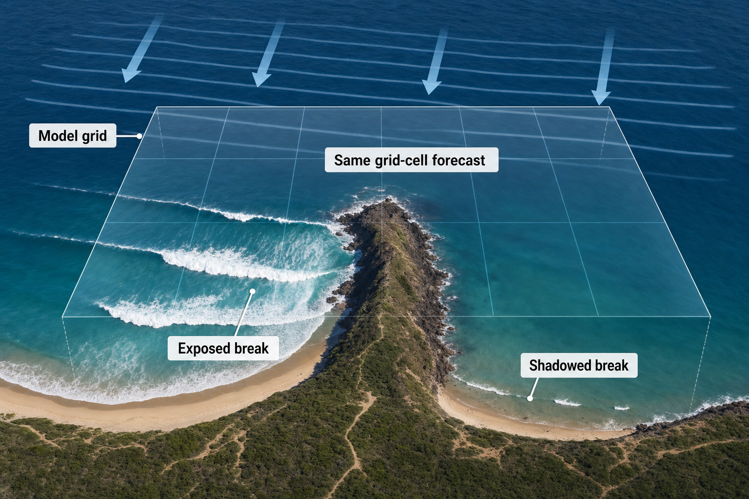Aerial coastal diagram showing a model-grid overlay spanning two nearby breaks, with strong waves at an exposed bay and weak waves in a neighboring bay sheltered by a headland.