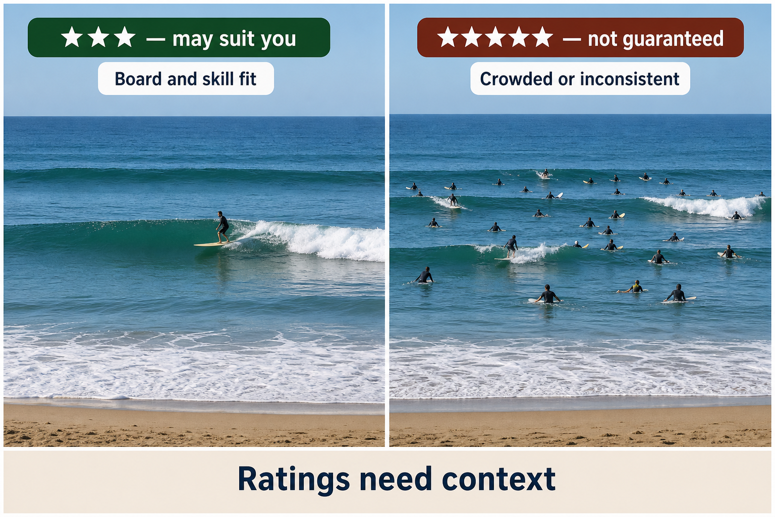 Matched beachbreak panels compare a lone longboarder in clean three-star surf with a crowded, inconsistent five-star lineup; the footer says ratings need context.
