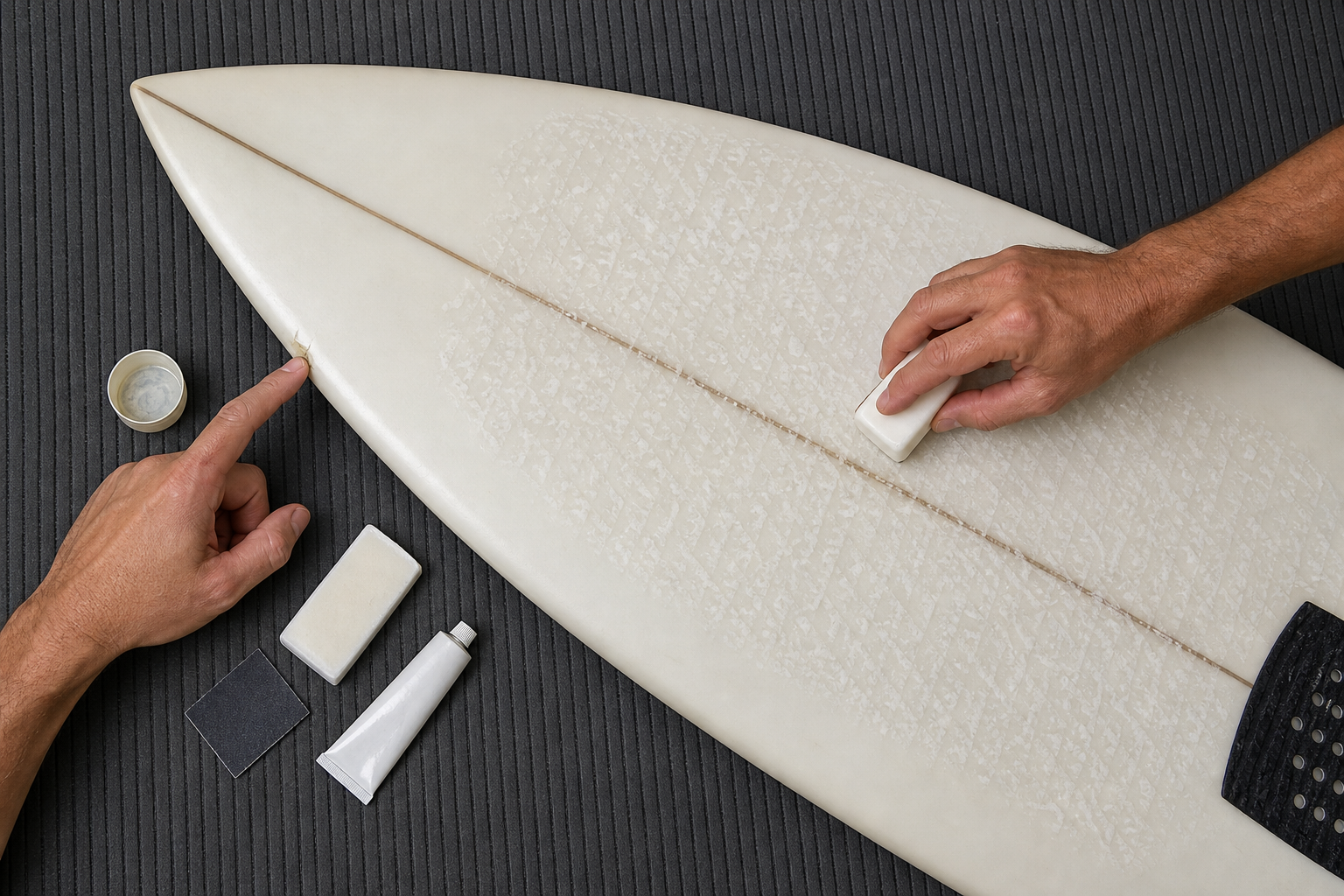 Overhead view of a small surfboard rail ding being inspected while fresh wax is applied to the deck.