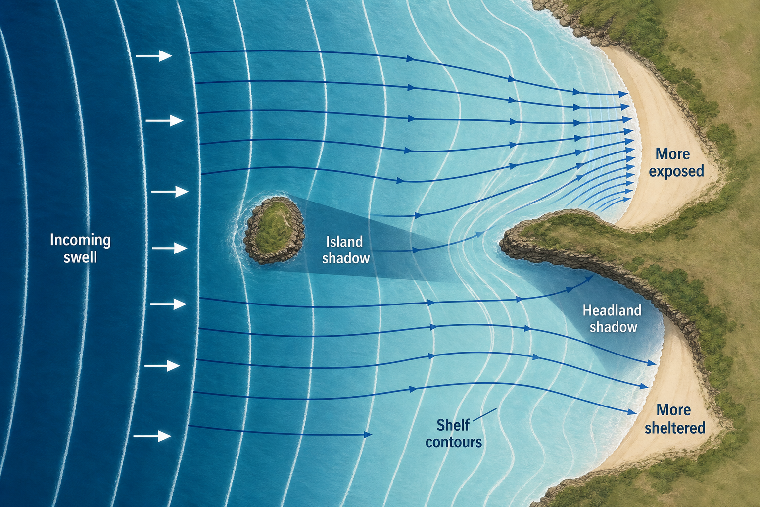 Top-down conceptual diagram showing one left-to-right swell passing an offshore island and projecting headland. Down-wave shadow sectors shelter parts of the coast, while shelf contours bend blue rays so many reach the upper “More exposed” beach and fewer reach the lower “More sheltered” beach.
