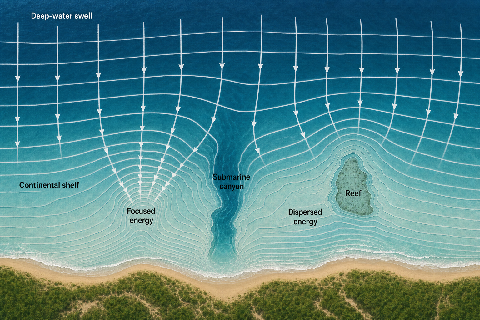 Overhead diagram of deep-water swell refracting across shelf contours around a submarine canyon and submerged reef, creating focused and dispersed coastal energy zones.