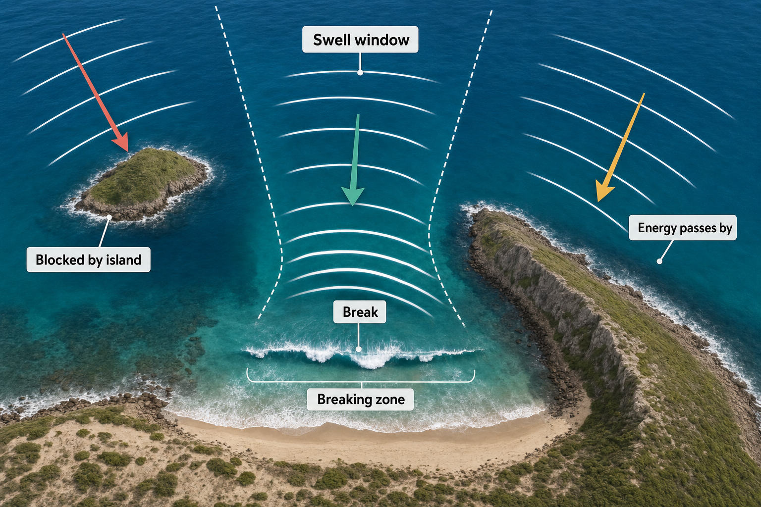 Overhead coastal diagram showing a central swell entering a bounded swell window and breaking near shore, while one swell is blocked by an island and another passes outside the break.
