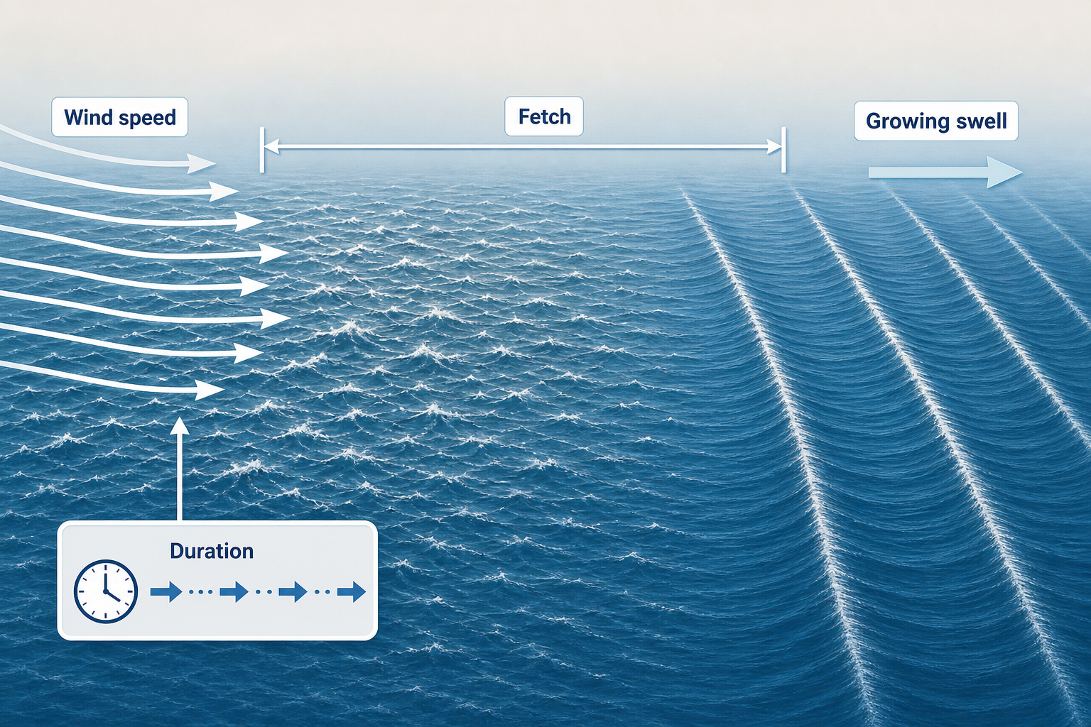 Diagram showing rightward wind blowing over an open-water fetch for a sustained duration, changing irregular wind waves into larger, organized swell.
