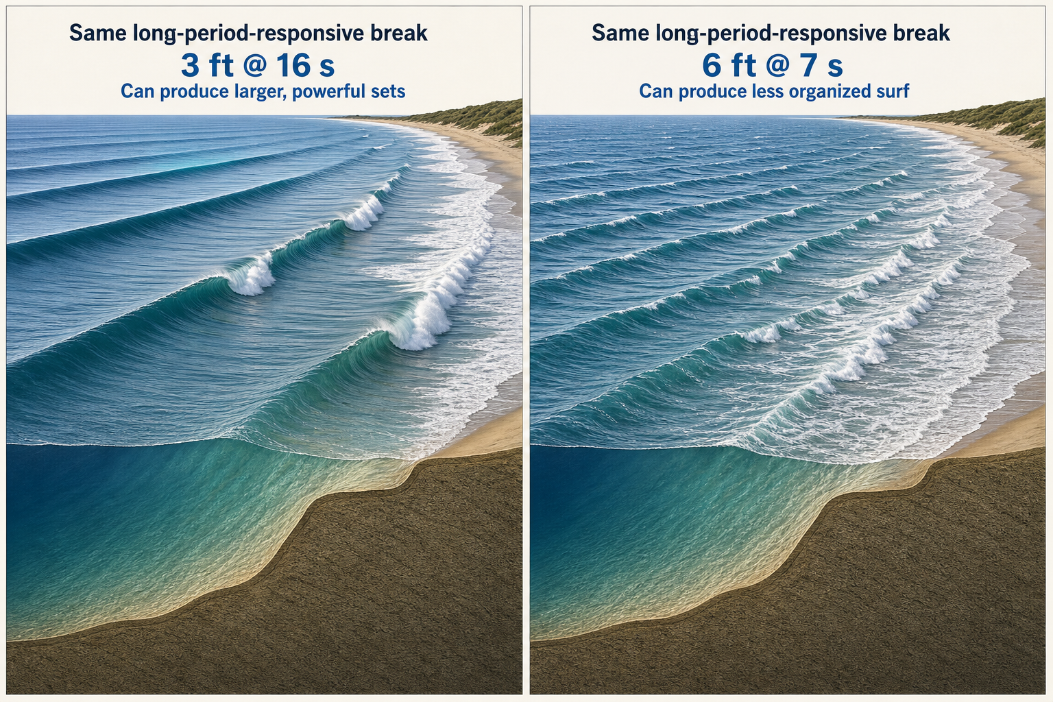 Matched coastal cutaways compare organized, widely spaced surf from 3 ft at 16 seconds with more closely packed, less organized surf from 6 ft at 7 seconds at the same responsive break.